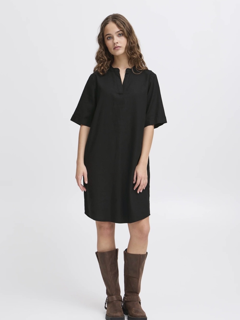ICHI IHLINO Linen Day Dress Minimal Black Split-Neck Shift Dress Euro Summer - Picture 4 of 15